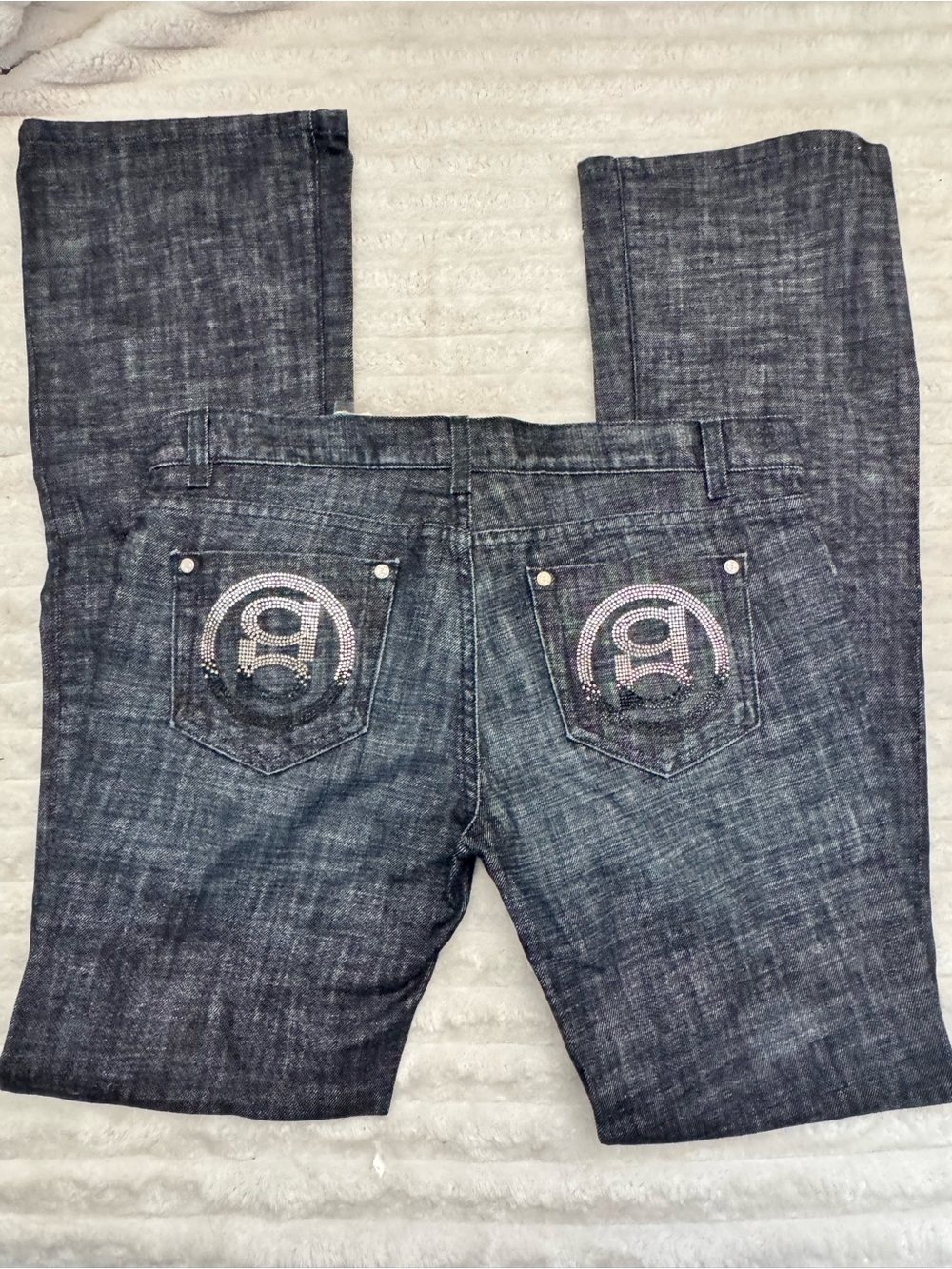 bebe Dark Blue Flare Jeans with Rhinestone Logo